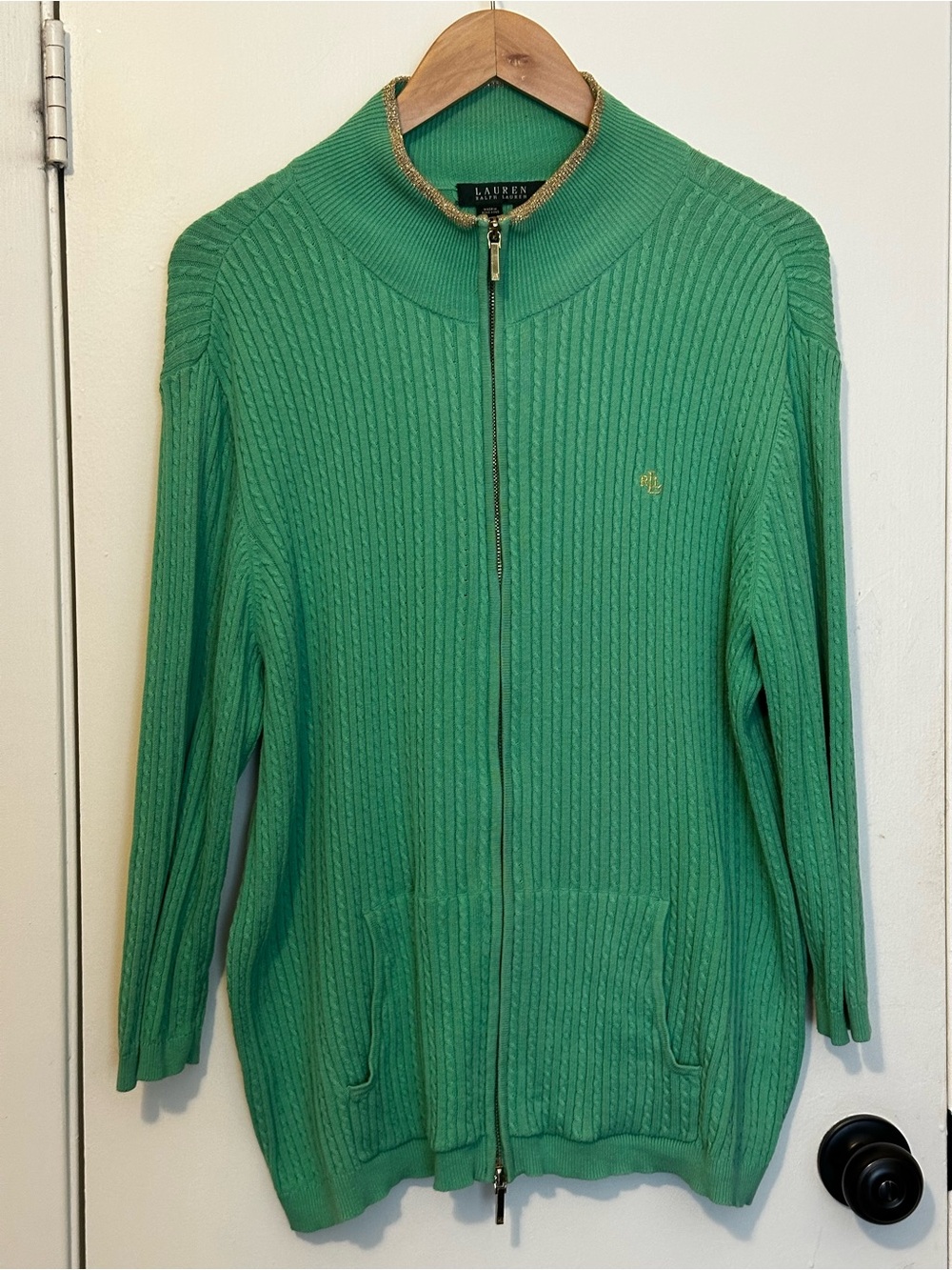 Lauren Ralph Lauren Green Cable Knit Metallic Trim Full Zip Cardigan 2X